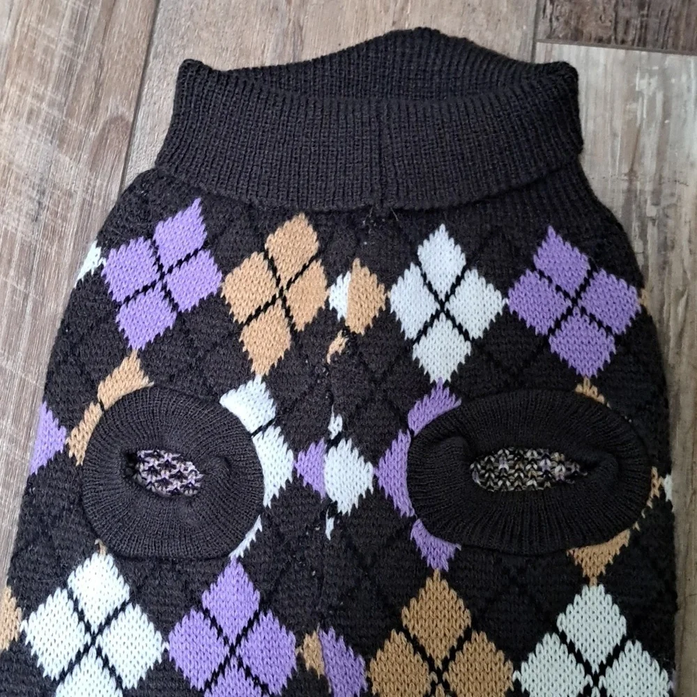Dr Marty Knited Dog Argyle Sweater in Black, Purple, Tan & White Size Large